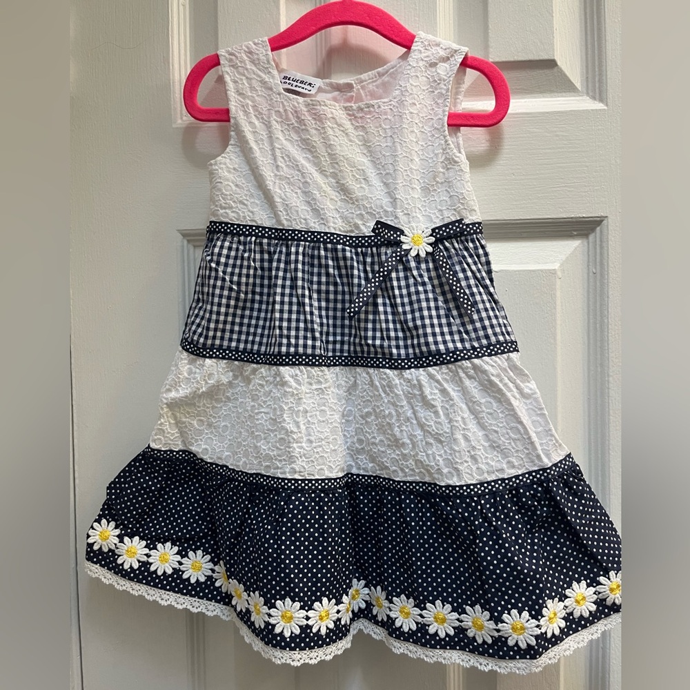 Blueberi Boulevard White and Navy Gingham Dress with Daisy Accents